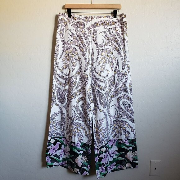 Tahari 100% Linen Boho Tropical Wide Leg Pant Beach Vacation Size Women's Medium - Picture 1 of 11